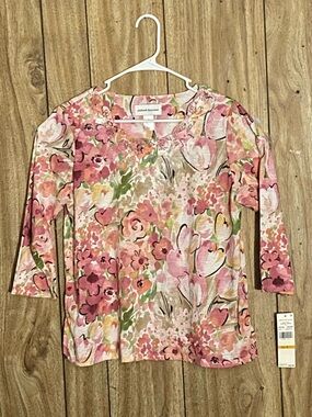 Alfred Dunner Pink Floral Scoop Neck Long-Sleeve Top